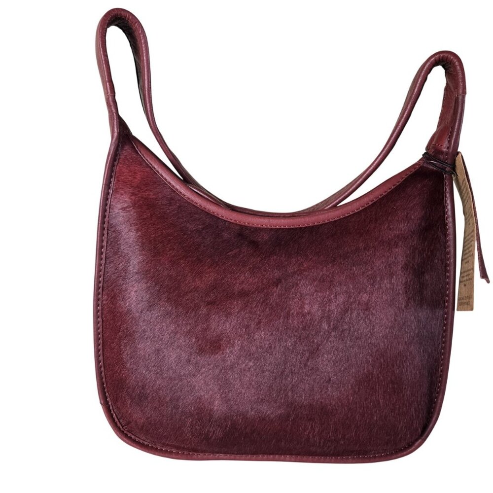 Margot Curved Zip Hobo Leather Horsehair Shoulder Bag, Wine Color NWT